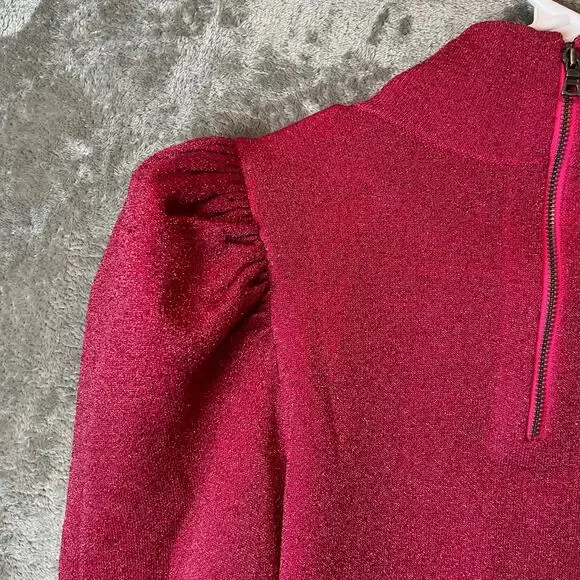 Alice + Olivia Issa Turtleneck Puff Sleeve Dress‎ Pink Glitter LG Wool Blend New